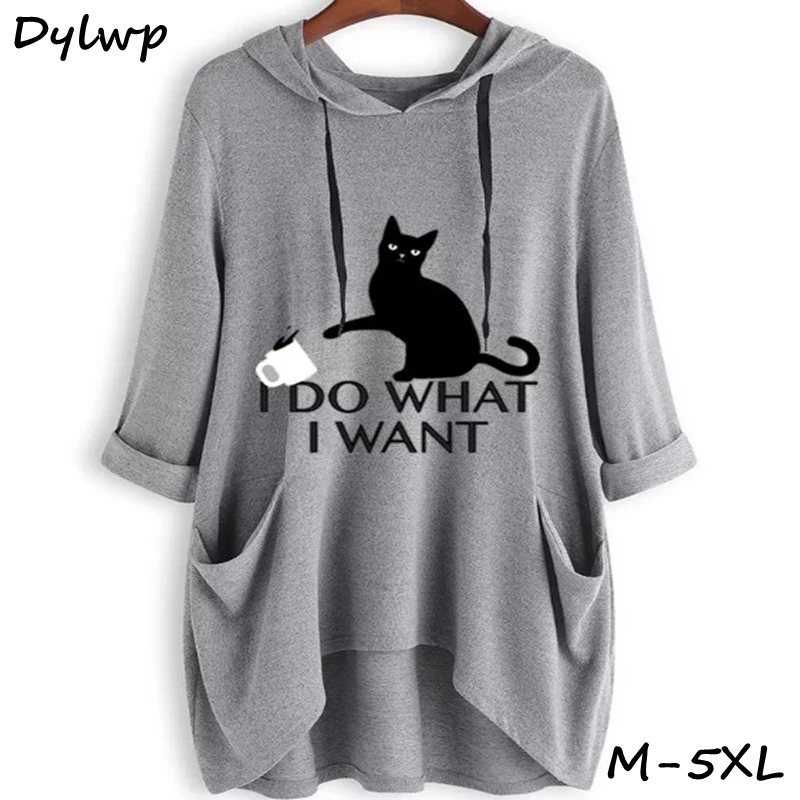 

Women Loose Hooded Tops Cartoon Cat Printed Oversized Sweatshirt 2019 Spring Ladies Irregular Pocket Hoodies Plus Size M-5XL