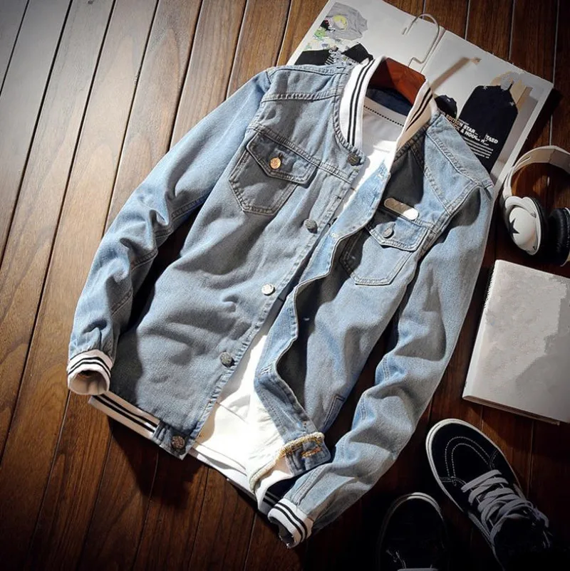 

Spring Men's Denim Jacket Casual Solid Color Cotton Jacket Slim Top Large size coat