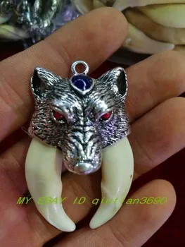 

Antique Inlaid silver package wolf tooth enamel Pendant to ward off bad luck