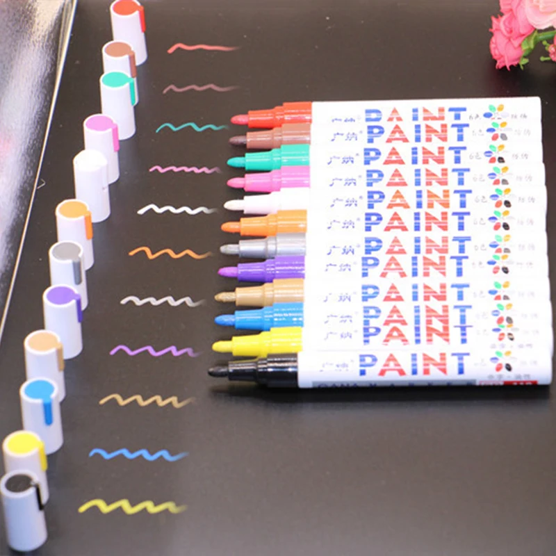 

12 Colors Set Waterproof Permanent Oily Paint Marker Pen Car Tyre Tires Tread CD Mark Metal Wood School Art Graffti Stationery