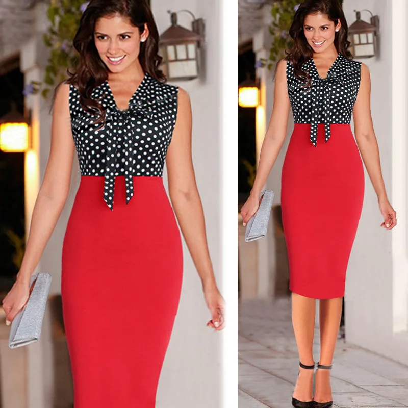 New Women Summer Autumn Casual Basic Pencil Dot Spots Dress Patchwork