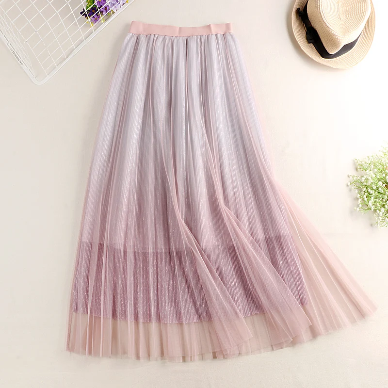 Tulle Skirt 2019 New Summer Korean Women A-Line Skirts High Waist Slim Gradient Color Female Long Pleated Skirts Jupe Femme Tulle Skirt 2019 New Summer Korean Women A-Line Skirts High Waist Slim Gradient Color Female Long Pleated Skirts Jupe Femme