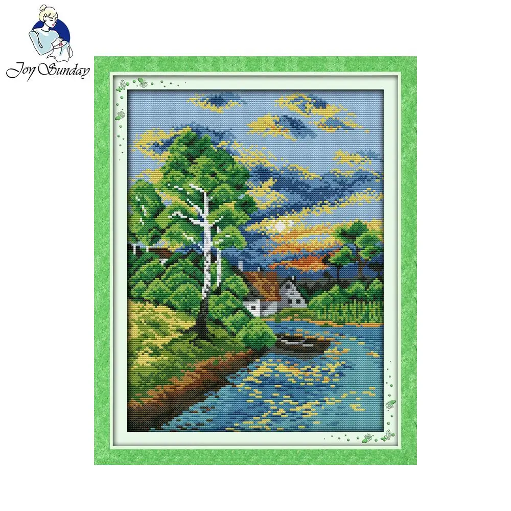 Joy Sunday scenery style Sunset on the river stamped cross stitch kits