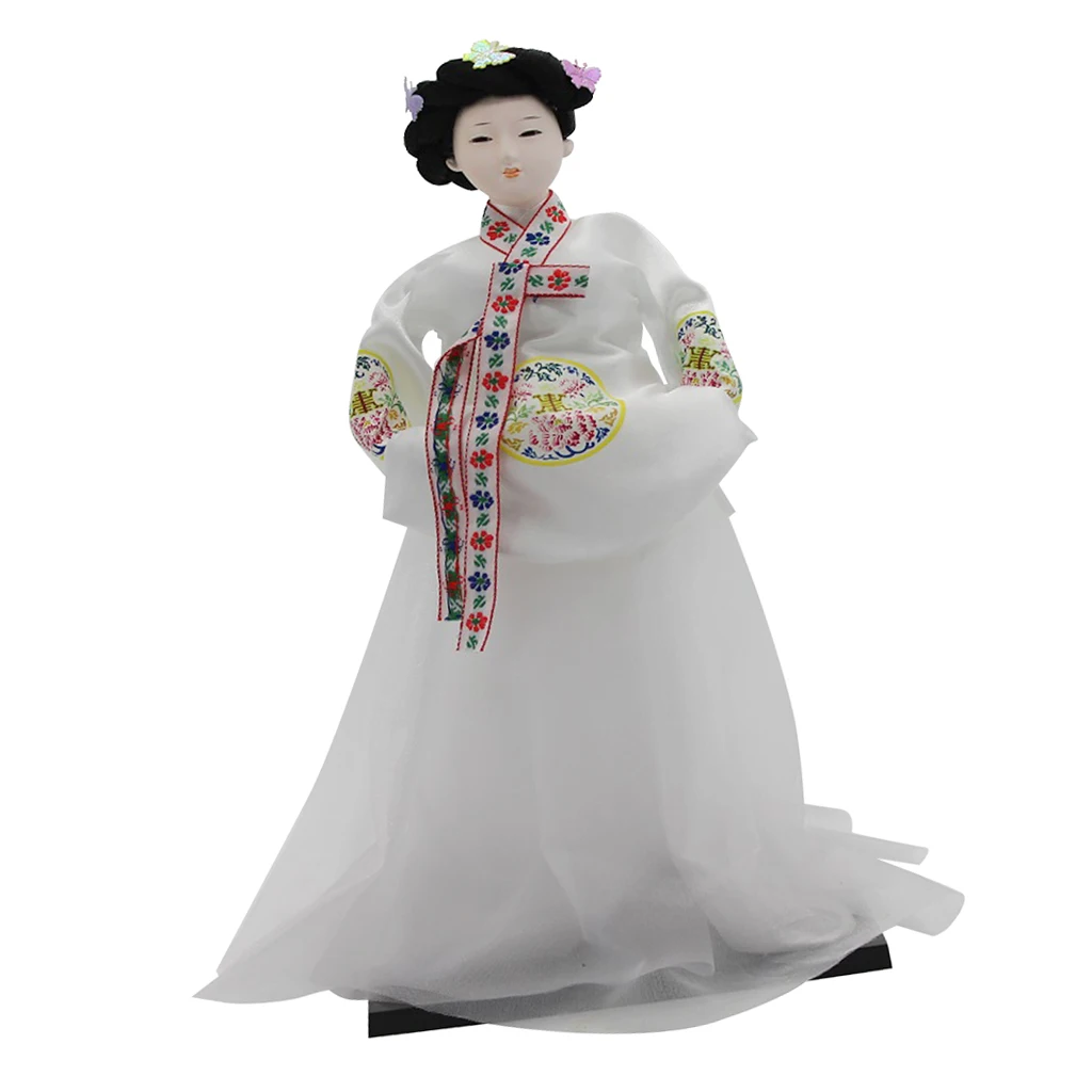 12inch Vintage Korean Geisha Doll Wearing  Hanbok White Dress Oriental Dolls Model Gift Adults Collectibles