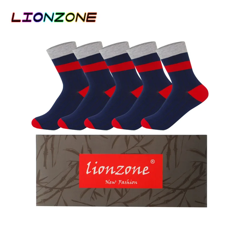 LIONZONE 5 пар/лот мужские Подарочная коробка с носками в Вертикальную Полоску дышащие яркие цветные брендовые бамбуковые носки Regalos Para Hombre - Цвет: color1-box