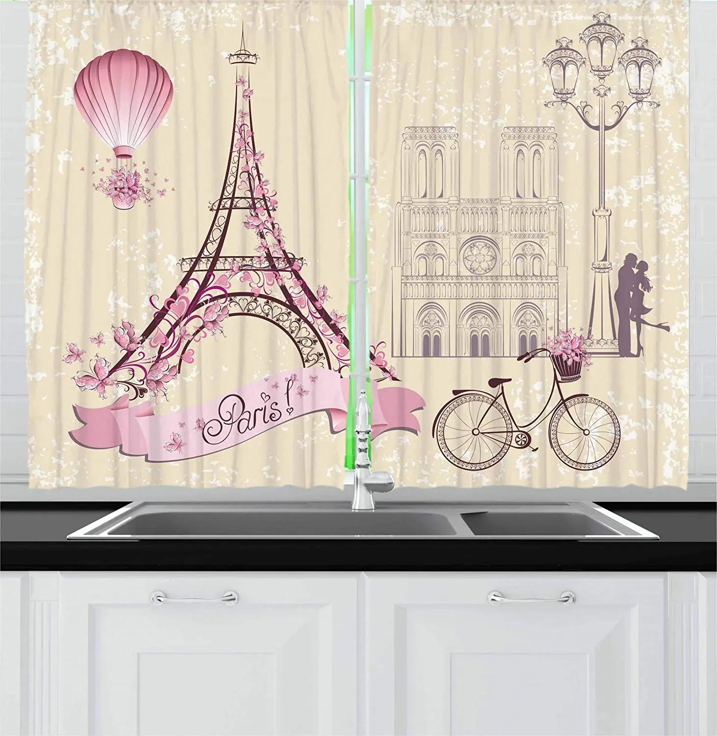 

Kiss Curtains Floral Paris Symbols Landmarks Eiffel Tower Hot Air Balloon Bicycle Romantic Couple Window Drapes for Living Room
