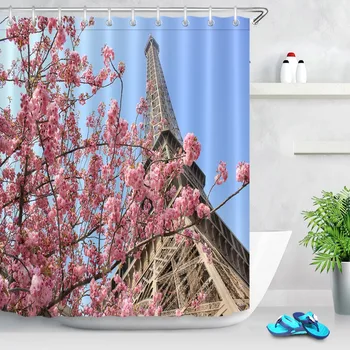 

LB 180*180 Blue Sky Pink Flower 3d Shower Curtains Paris Tower Tree Cartoon Bathroom Curtain Fabric Polyester for Bathtub Decor