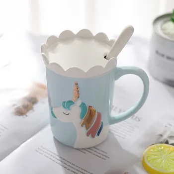 

350ml creative unicorn coffee mug new ceramic milk tea cup student breakfast milk cup girl gift cup couple Covered with spoon