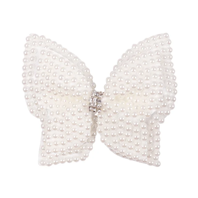 White Pearl Hair Bows With Hair Clips For Girls Kids Boutique Layers Bling Rhinestone Center Bows Hairpins Hair Accessories 3
