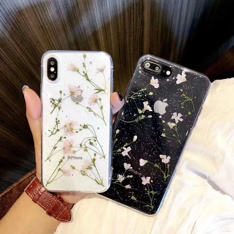 Real Dried Flowers Soft TPU Phone Case For iPhone X XR XS Max 6 6S 7 8 plus Silicone Cover Handmade Clear Pressed Case Coque New (12)