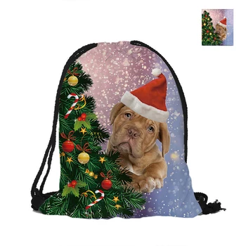 

Cute Dog In Christmas Hat Printed Drawstring Backpack Double Sided Printing Polyester Pouch Backpacks For Travel And School