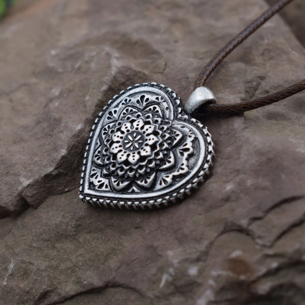 

SanLan flower Pendant Heart Mandala Necklace with a leather chain, Handcrafted Silver heart pendant necklace