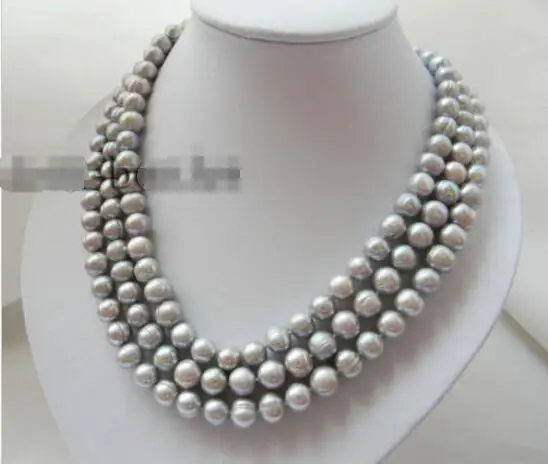 

Hot sale new Style >>>>> 3Strands 18'' 9.5mm Gray Round Freshwater Pearl Necklace