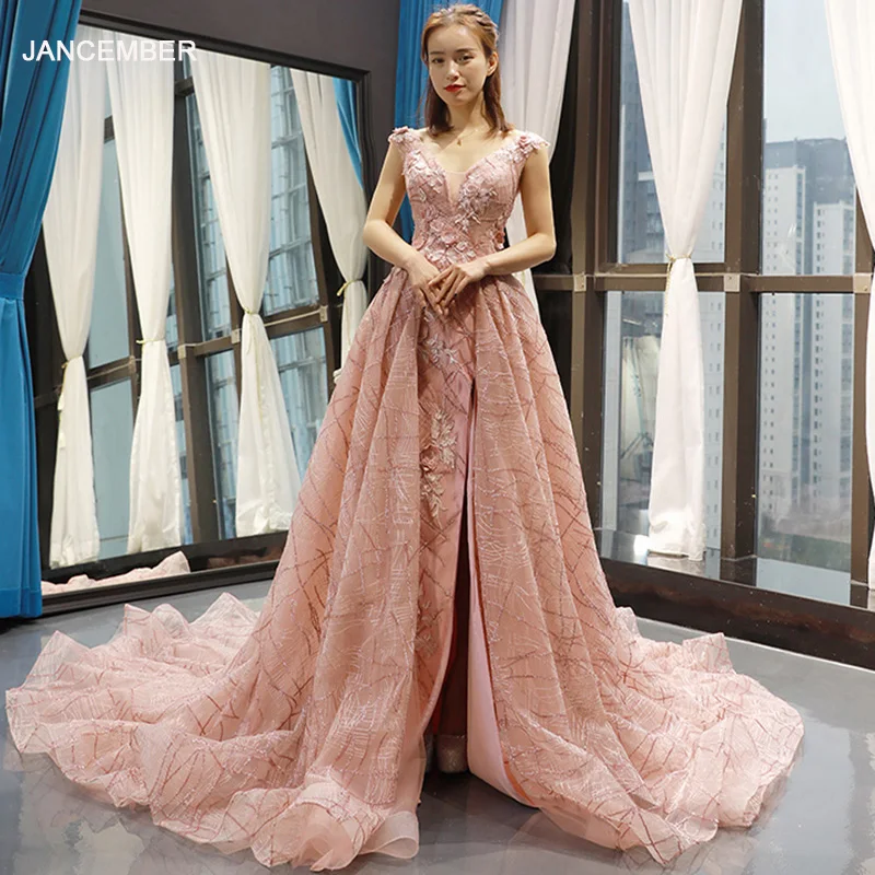 

J66719 jancember pink organza evening dresses for women V-neck sleeveless A-line evening gown with train 2019 robe de soirée