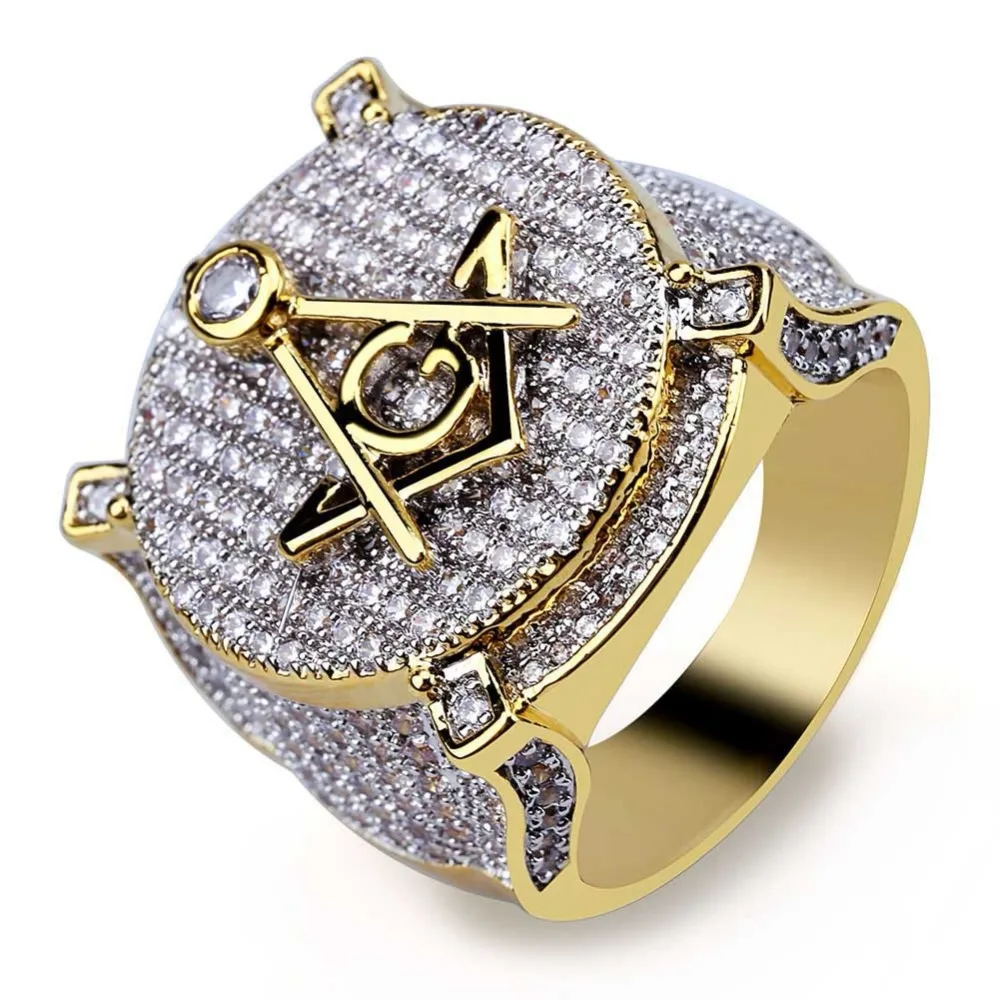 

Men Hip hop iced out bling Mason Rings Pave Setting Cubic Zirconia CZ Rings fashion popular Masonic Charm Ring Hiphop jewelry