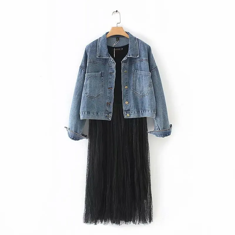 

Plus Size Casual two piece set summer of 2019 Women Clothing Denim Jacket + Mesh dress fashion suits S76-6010