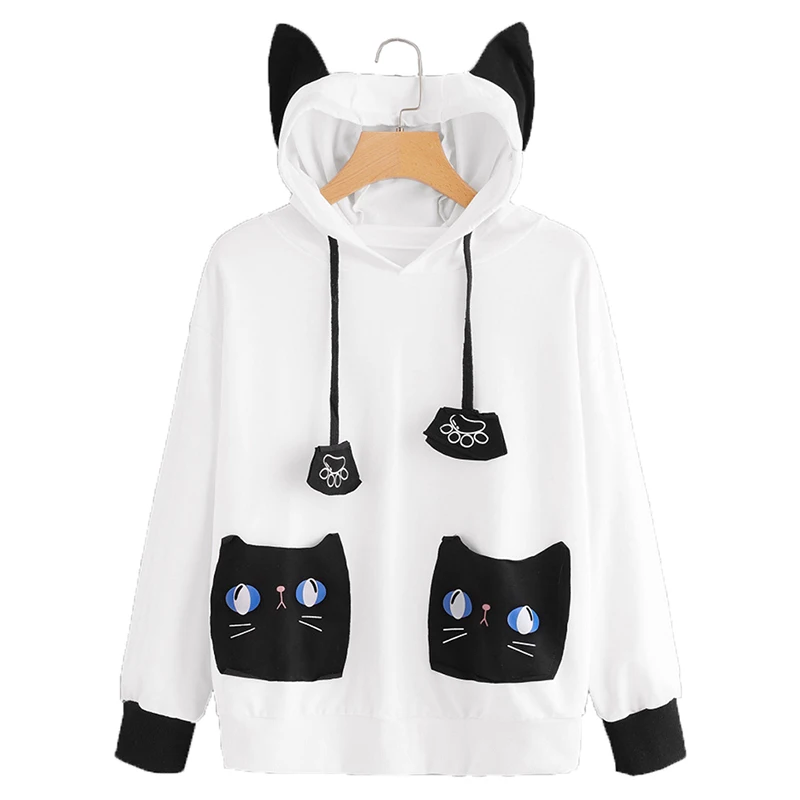 Cute Cartoon Cat Hoodies 2018 Autumn Women Loose Preppy Style Hooded