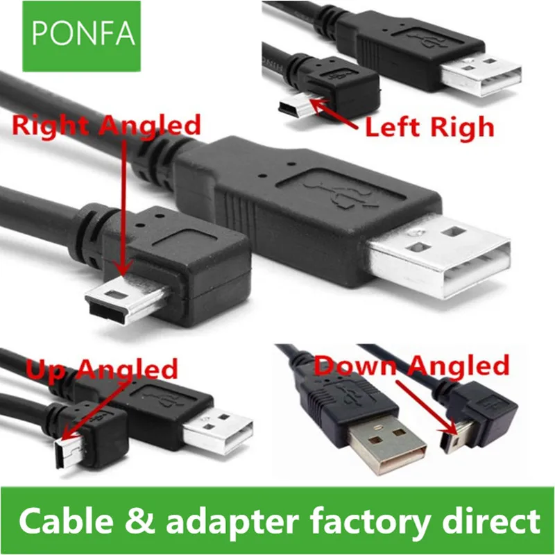 

USB 2.0 Male to Mini USB B Type 5pin 90 Degree Up & Down & Left & Right Angled Male Data Cable 0.25m/0.5m/1.8m/5m