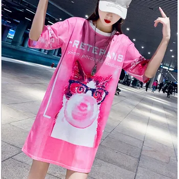 

Summer short-sleeved female Thai street fashion 2019 summer new pink pig print mesh cloth long short-sleeved t-shirt female