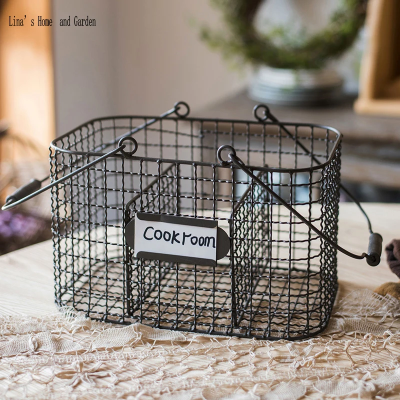 3 compartments handcrafted retro antique wire storage basket