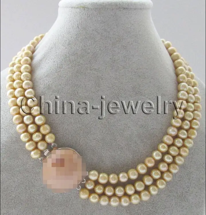 

Free Shipping >>17-19" 3row 8-9mm champagne round freshwater pearl necklace - shell clasp