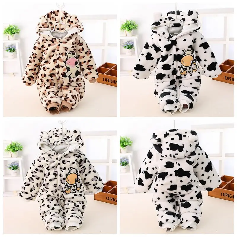 

Winter Baby Girls Fleece Long Sleeve Animal Cow Hooded Kids Jumpsuit Rompers roupas de bebe