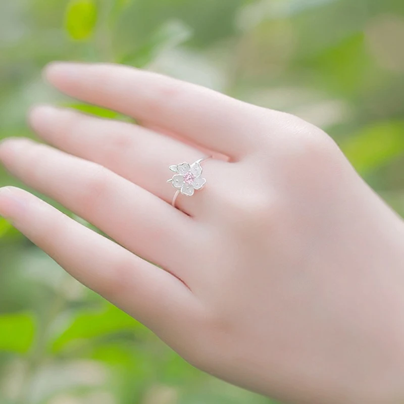 2019 Fresh Silver-plated Pink Cherry Blossom Open Ring Female Petal Zircon And Copper 090702-1 | Украшения и аксессуары