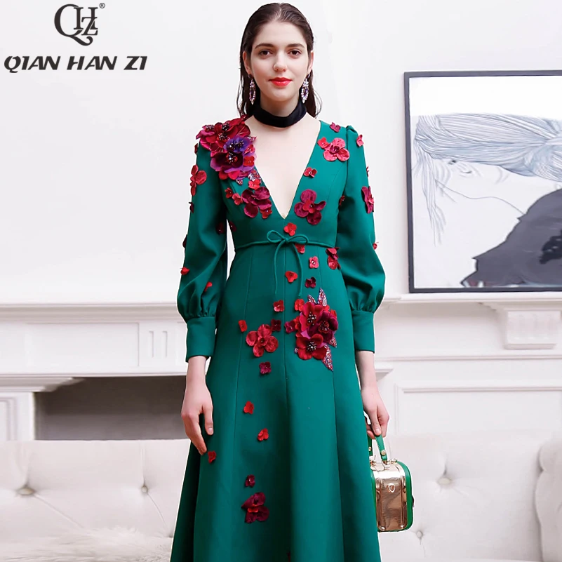 Цянь Хан Цзы дизайнерское модное подиумное Макси Платье женское с рукавом-фонариком Винтажное с цветочной аппликацией Высокое качество Вечерние Длинное Платье