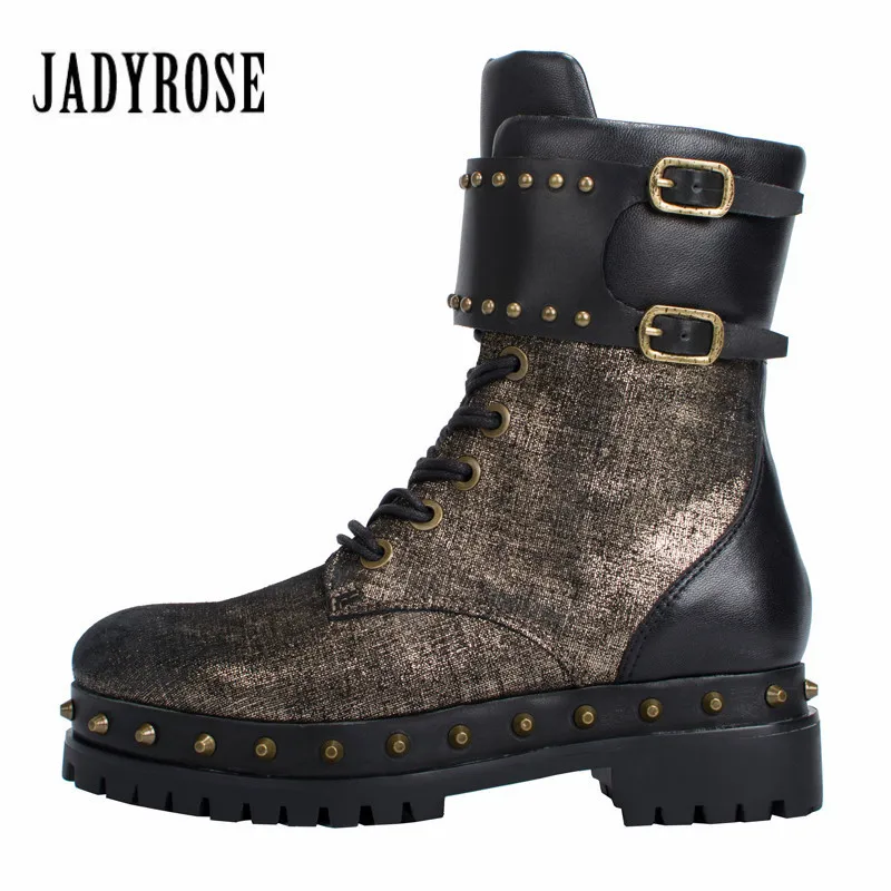 

Jady Rose Rivets Studded Women Ankle Boots Genuine Leather Punk Style Autumn Winter High Boots Female Platform Riding Boot