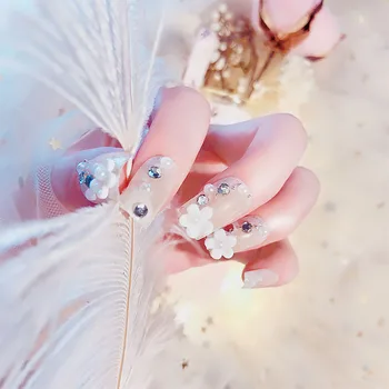 

Women Shining Rhinestone Chic False Nails Girls Sweet 3D Flower Artificial Nail Bride Wedding Long Size Nail Art Tips With Glue
