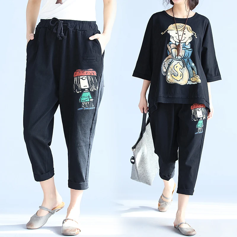 BIG SIZE 4XL Summer Women Fashion Cute Cartoon Print Capris Pants Women Female Ladies Plus Large Cotton Casual Loose Trouser BIG SIZE 4XL Summer Women Fashion Cute Cartoon Print Capris Pants Women Female Ladies Plus Large Cotton Casual Loose Trouser