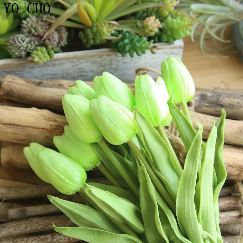 YO CHO 10 Heads Artificial Flowers High Quality PU Mini Tulip Flowers Bouquet For Desktop Balcony Wedding Office Decor Fake Leaf YO CHO 10 Heads Artificial Flowers High Quality PU Mini Tulip Flowers Bouquet For Desktop Balcony Wedding Office Decor Fake Leaf