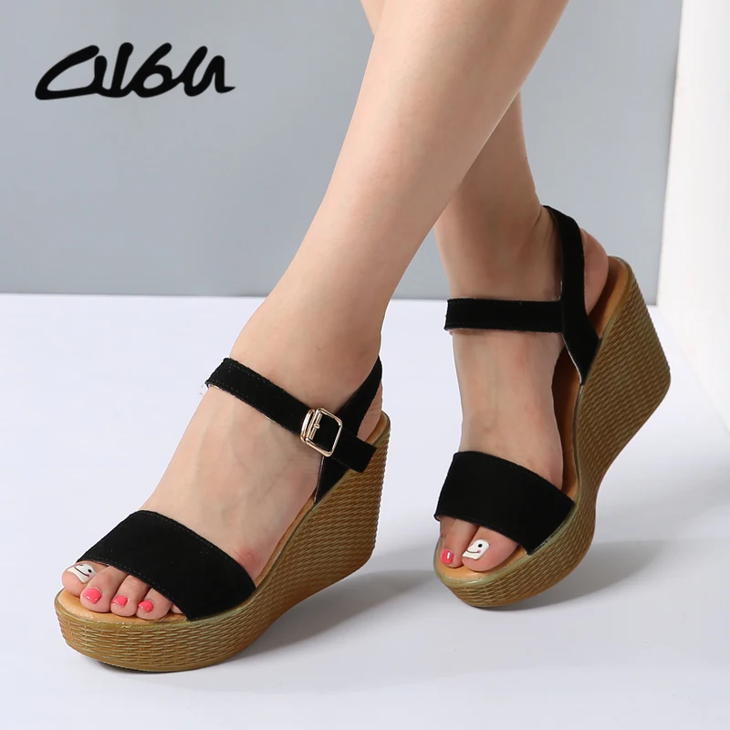 

O16U Summer Women Sandals Shoes platform heel Stripe Leather Strap Wedge Slipper gladiator ladies sandals flip flops red black