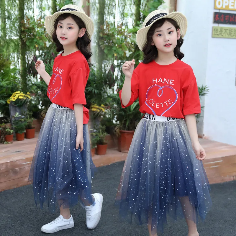 Summer Girls Skirts Sets Children Cotton T-shirts+ Star Lace Skirts Teenage Princess Outfits Fashion Korean Kids Clothing Sets