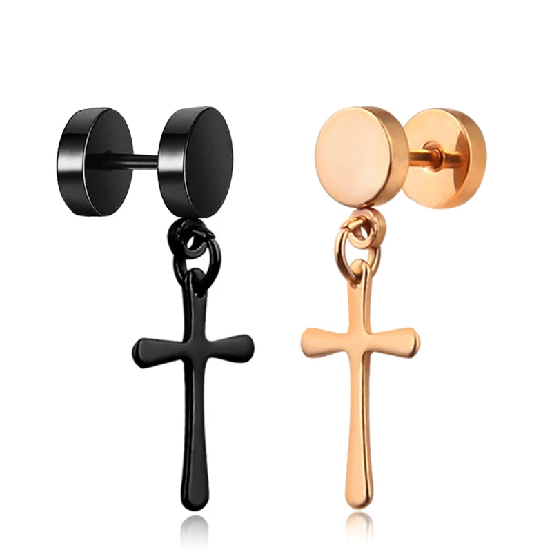 

JeeMango Explosion Titanium Steel Cross Punk Hip Hop Rock Round Tide Dumbbell Stud Earrings Male Jewelry 1Pcs A01001