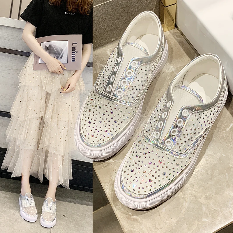 

2019 Summer Women Shoes Slip-on Flat Breathable Mesh Sneakers Casual Comfortable Vulcanized Shoes Rhinestone White Sneakers