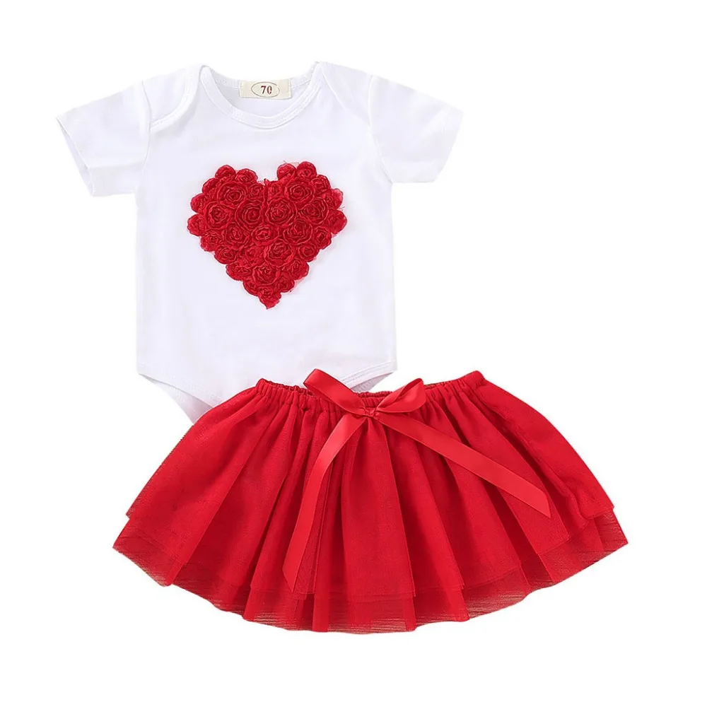 Модная одежда для маленьких девочек Комбинезон с короткими рукавами в форме сердца+ красная юбка-пачка одежда для малышей Летняя одежда для девочек kiz bebek giyim
