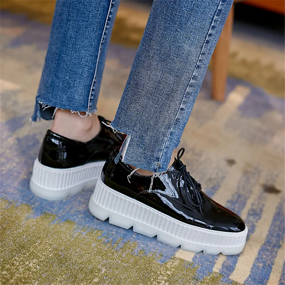 

Brand Design Patent Leather Quality Flat Platform Women Shoes Lady Lace Up Leisure INS Hot Fashion Shoes Woman Flats