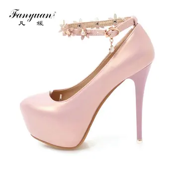 

Fanyuan Spring Lady 13 CM Pencil Heel Pumps Wedding Party Prom Evening Ankle Strap Heels Flower Buckle Stiletto Heel Platform