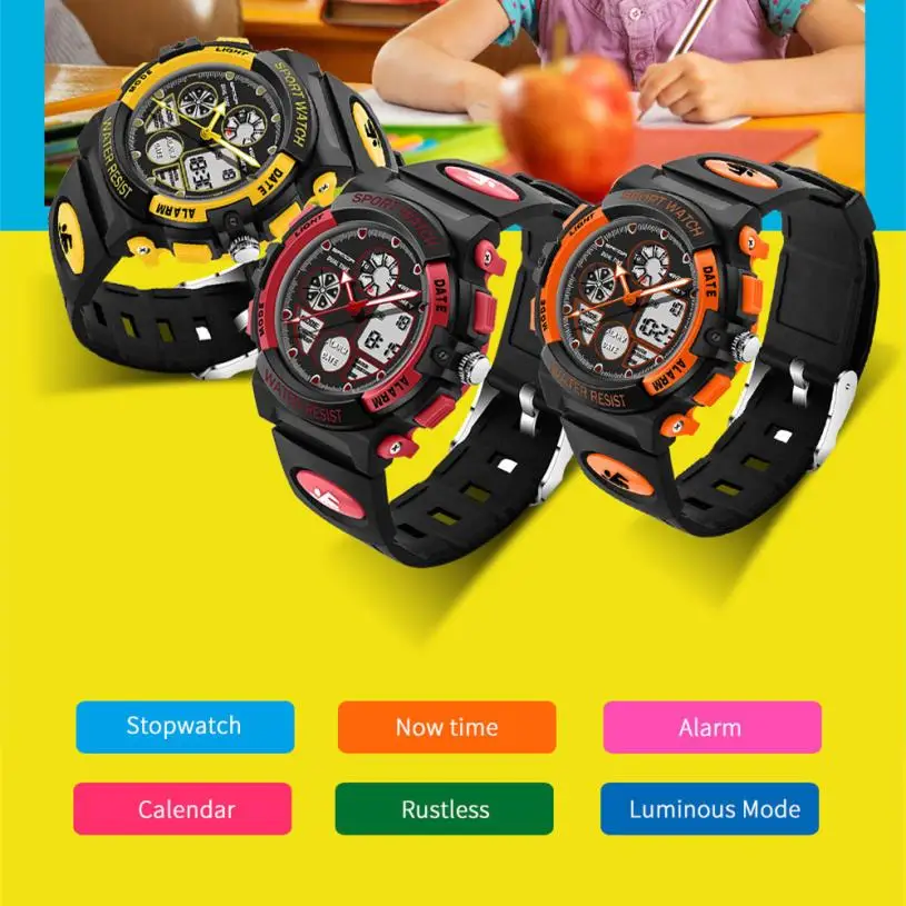 Для мальчиков спортивные часы Двойной Дисплей холодный свет электронный Водонепроницаемый студент наручные часы браслет часы reloj hombre A80