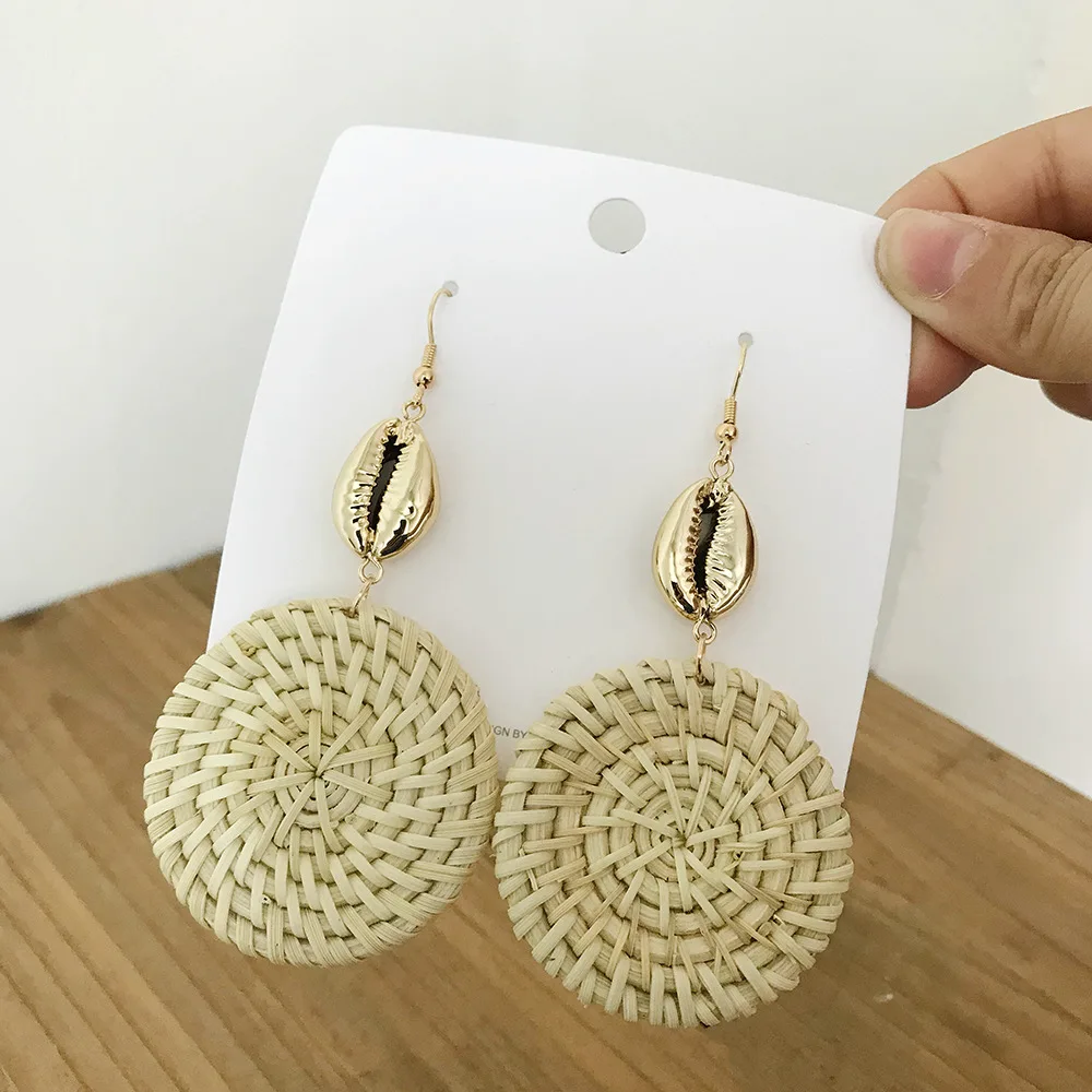 

2019 Vintage Hand Straw Rattan Knit Exaggerate Big Circle Drop Earrings For Women Natural Conch Long Dangle Earring Jewelry