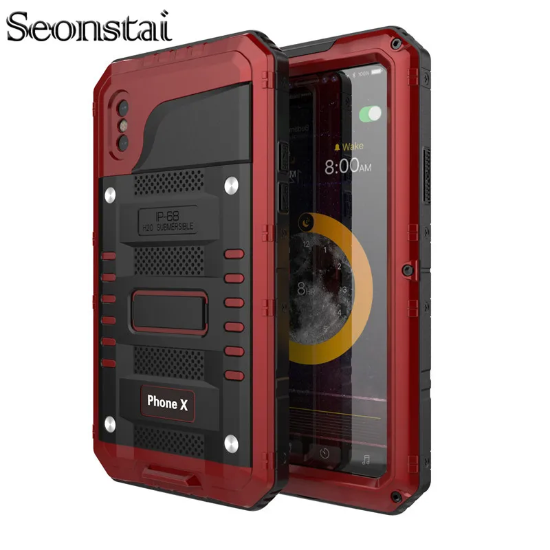 

Seonstai Waterproof Aluminum Case For iPhone X 8 7 6 6S Plus 5s Shockproof Dustproof Cover Metal Armor Shell With Tempered Glass