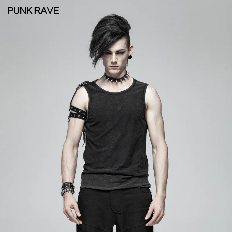 

New Punk Rave Simple Black Cotton Personality Sleeveless Vest Men's T-shirt Punk Rock Gothic WT558