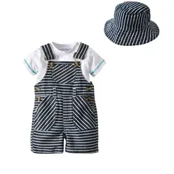Лидер продаж, детская одежда для мальчиков, футболка с короткими рукавами + полосатый комбинированный купальник + шапка, весенне-осенняя