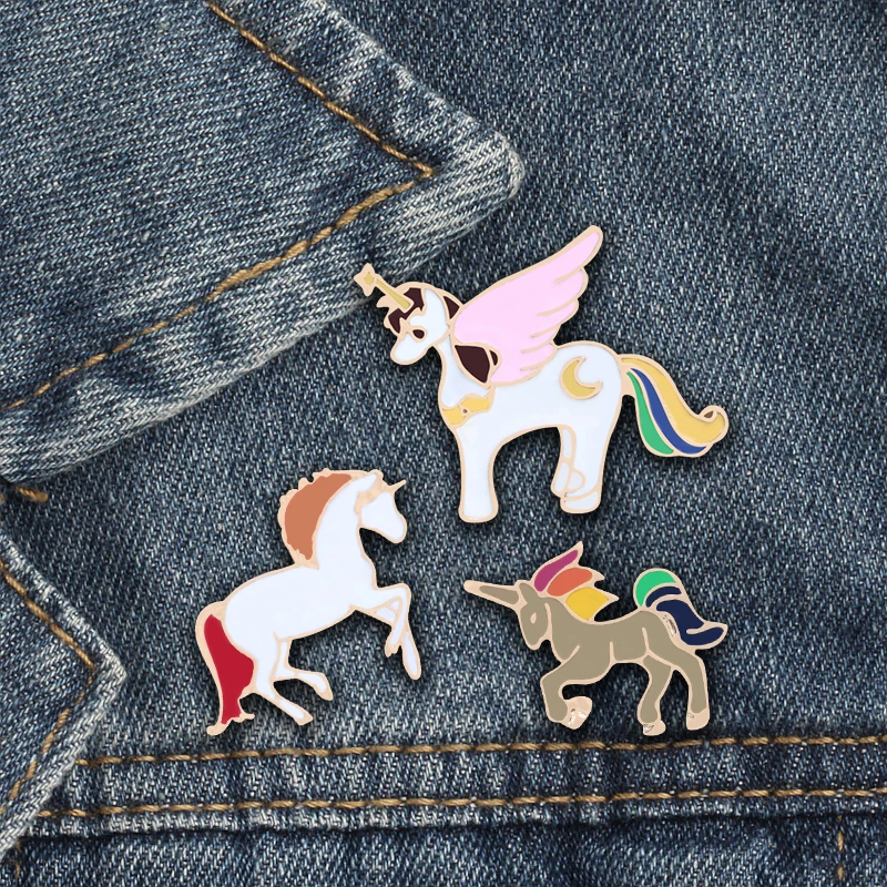 

3pce/set Cute Horned Horse Brooch Kawaii Enamel Pins Fantasy Animal badges Brooches For Women Pin Jewelry Girl Accessories Gift