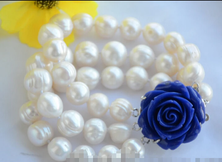 

3strands 12mm almost round white screw thread freshwater pearl bracelet 8inch @^Noble style Natural Fine jewe SHIPPING 5.25