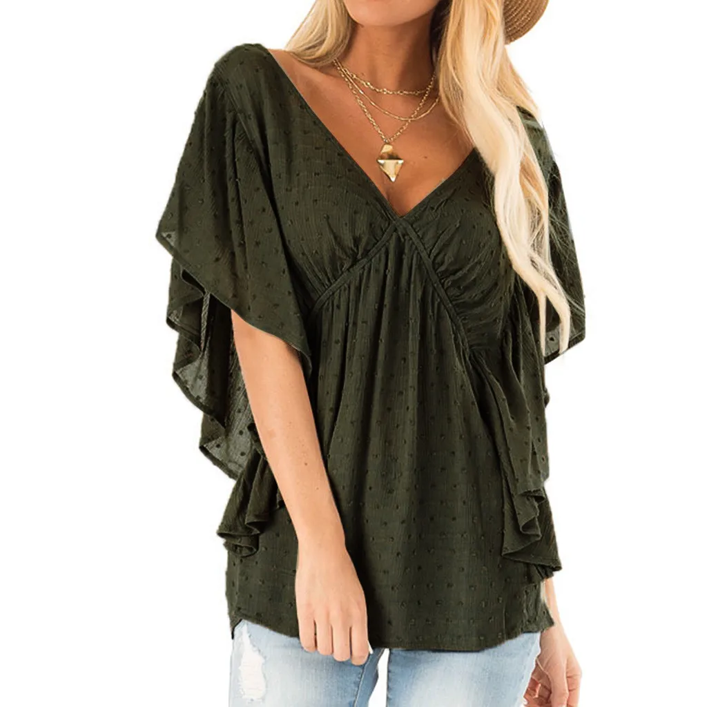 

Womail Women's Flowy V-Neck Blouse Sexy Short Sleeve Tank Tops Vintage Casual Spring Elegant Solid Loose Shirts 709#3