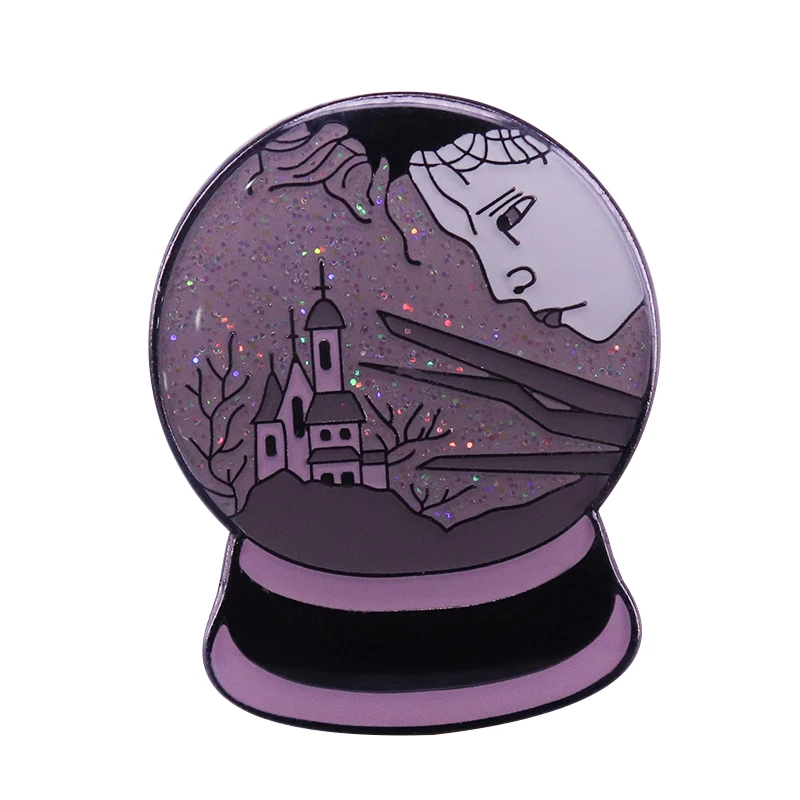 

Edward Scissorhands snow globe glitter pin fantasy castle badge beautiful sad artwork