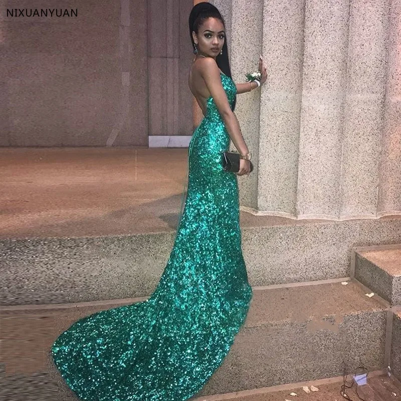 2019 New Elegant Green Sequins Off Shoulder Sexy Backless Mermaid Evening Dress Long Robe De Soiree