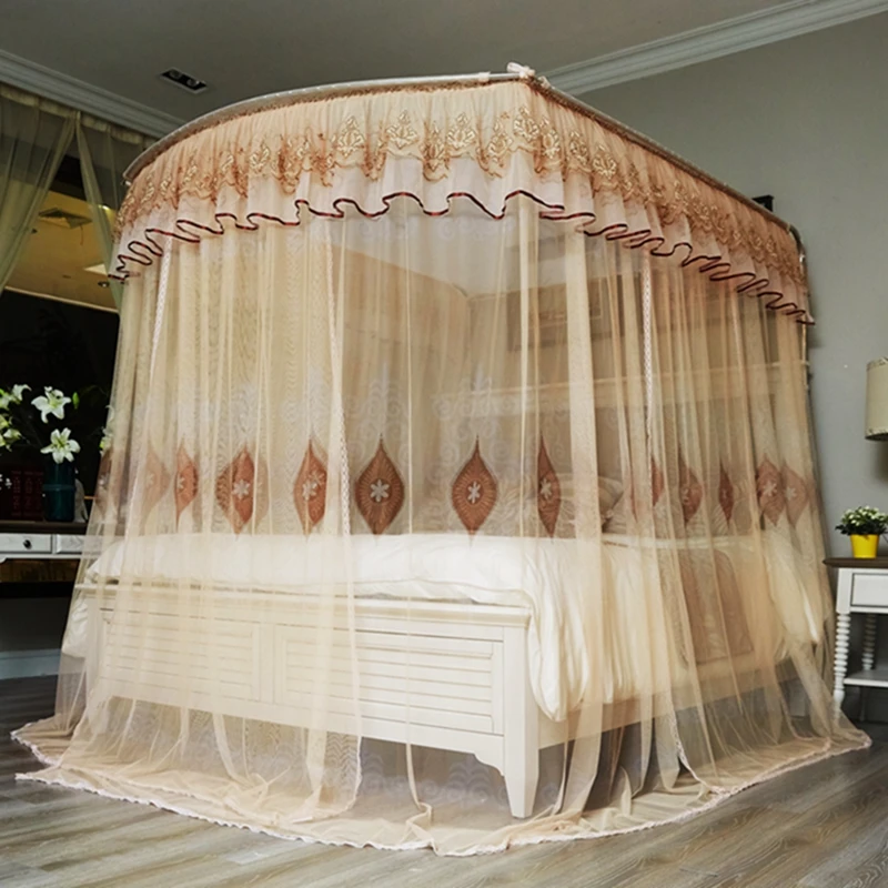 

Luxury Beige White Lace Three-door Floor-standing Telescopic Rail Mosquito Net Bedding Set Indoor Decorations 1.8m 1.5m 2m bed